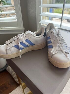 adidas White Sneakers with Light Blue Stripes
